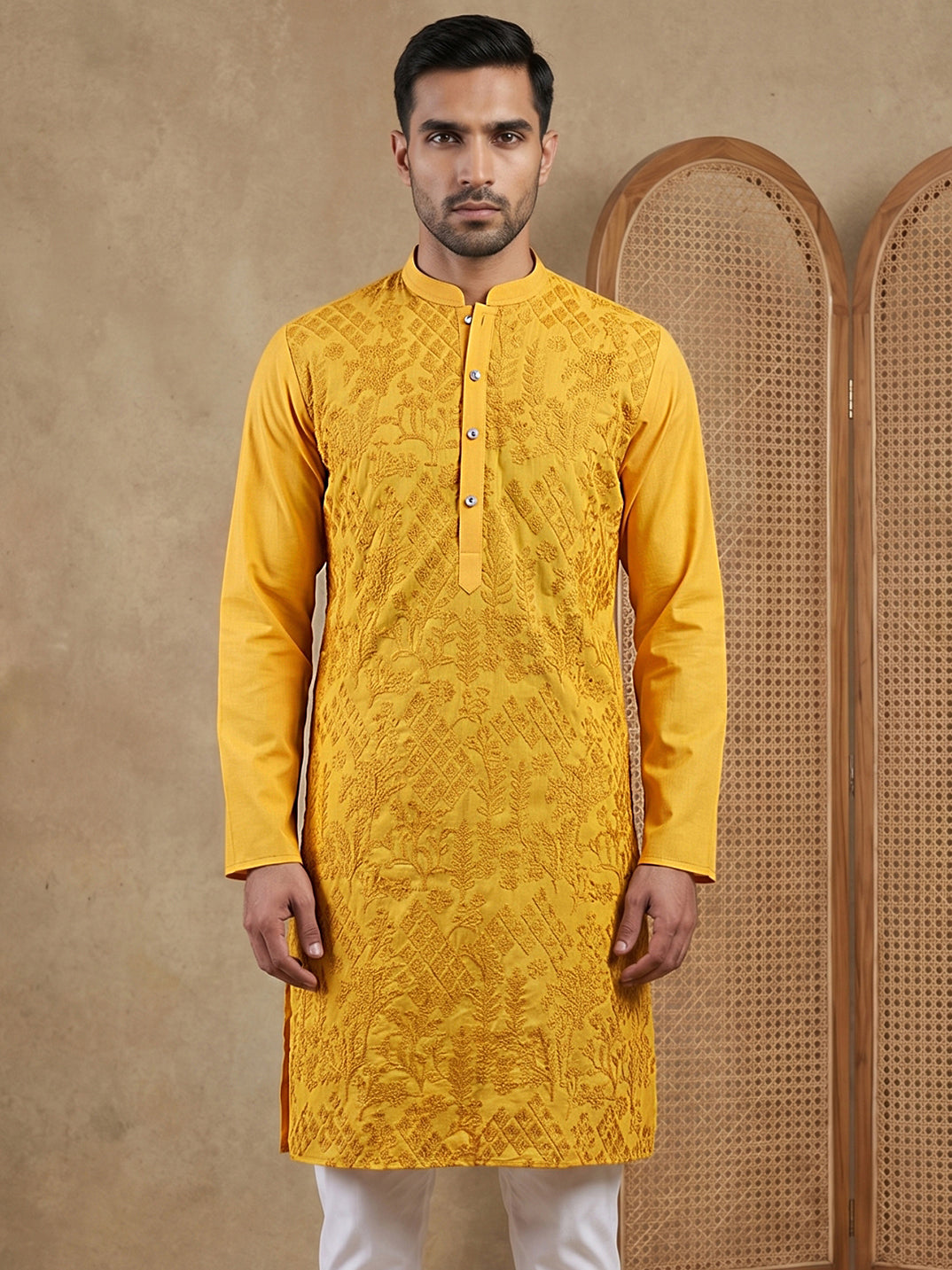 Embroidered Cotton Blend Kurta ( HOPKO 041Yellow )