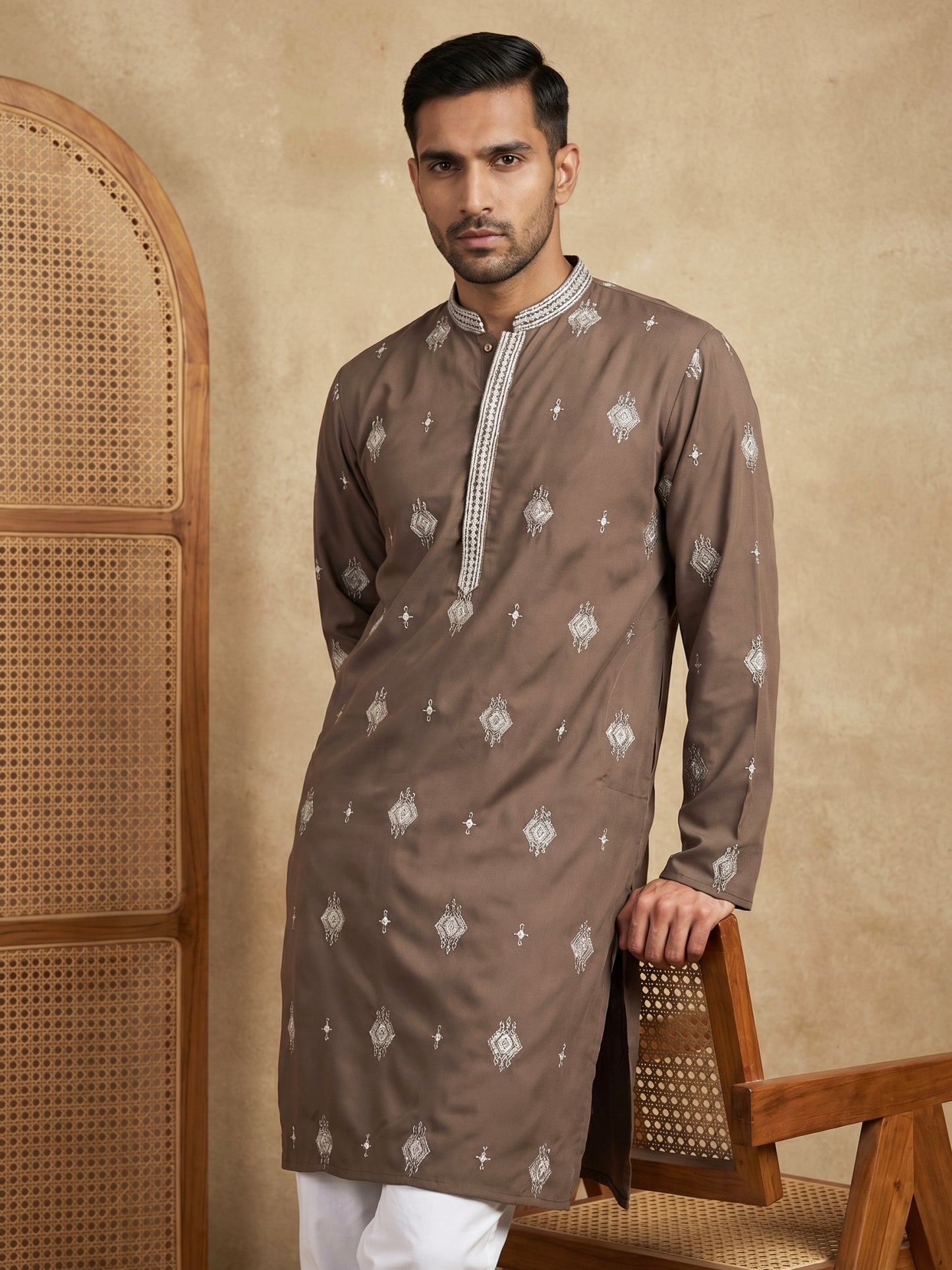 Men’s Ethnic Imported Japanese Embroidered Kurta ( HOPKO 042Brown )