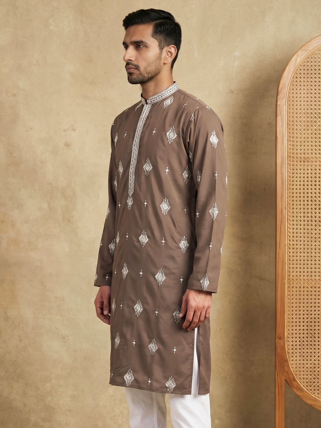 Men’s Ethnic Imported Japanese Embroidered Kurta ( HOPKO 042Brown )