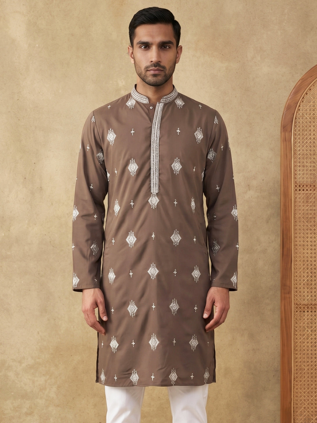 Men’s Ethnic Imported Japanese Embroidered Kurta ( HOPKO 042Brown )