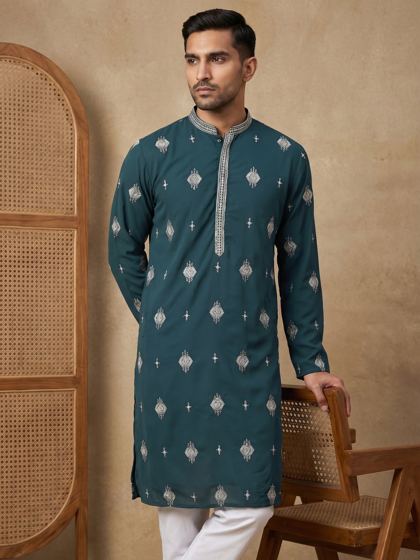 Men’s Ethnic Imported Japanese Embroidered Kurta ( HOPKO 042Teal )