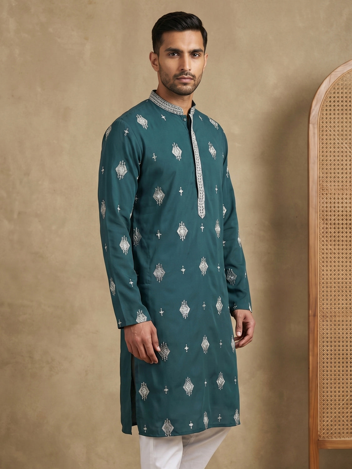 Men’s Ethnic Imported Japanese Embroidered Kurta ( HOPKO 042Teal )