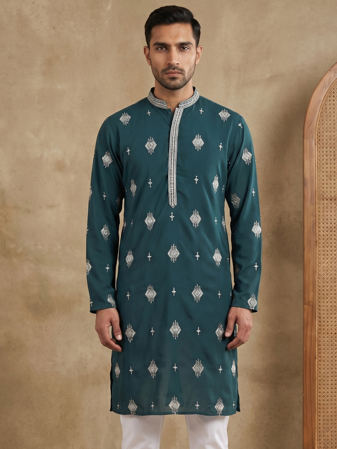 Men’s Ethnic Imported Japanese Embroidered Kurta ( HOPKO 042Teal )