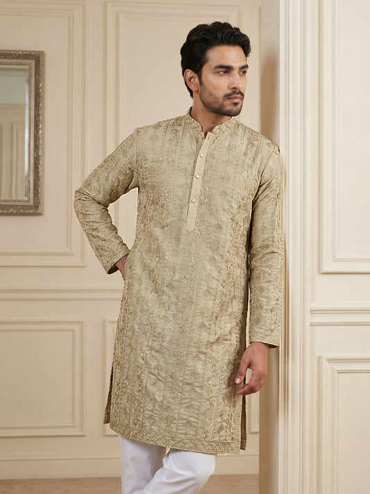Men's Traditional Embroidered Kurta ( HOPKO 044Brown )