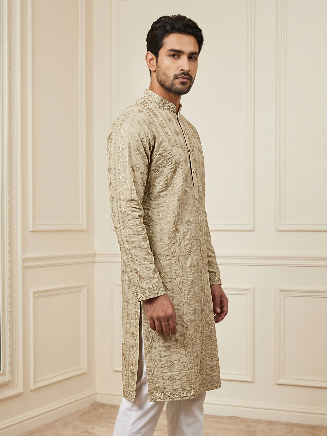 Men's Traditional Embroidered Kurta ( HOPKO 044Brown )