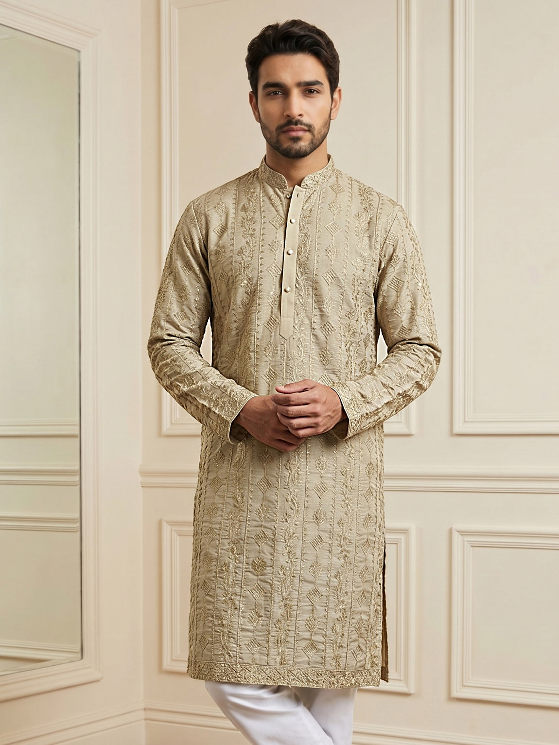 Men's Traditional Embroidered Kurta ( HOPKO 044Brown )