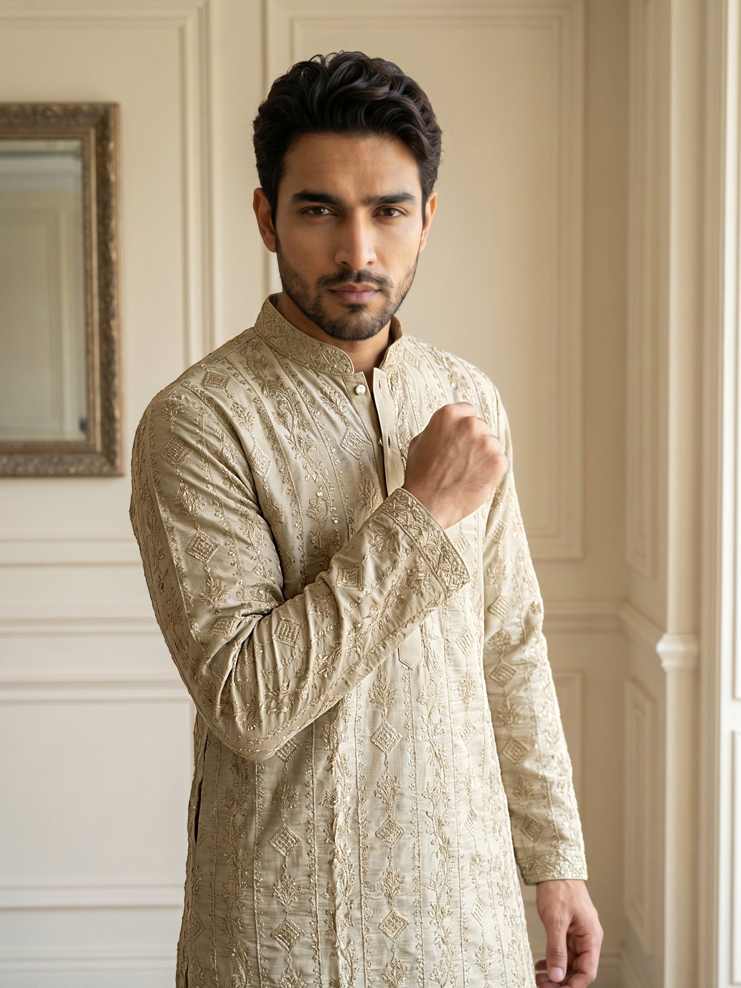 Men's Traditional Embroidered Kurta ( HOPKO 044Brown )