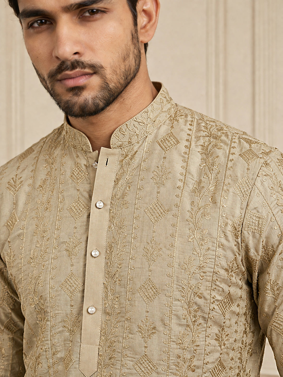 Men's Traditional Embroidered Kurta ( HOPKO 044Brown )