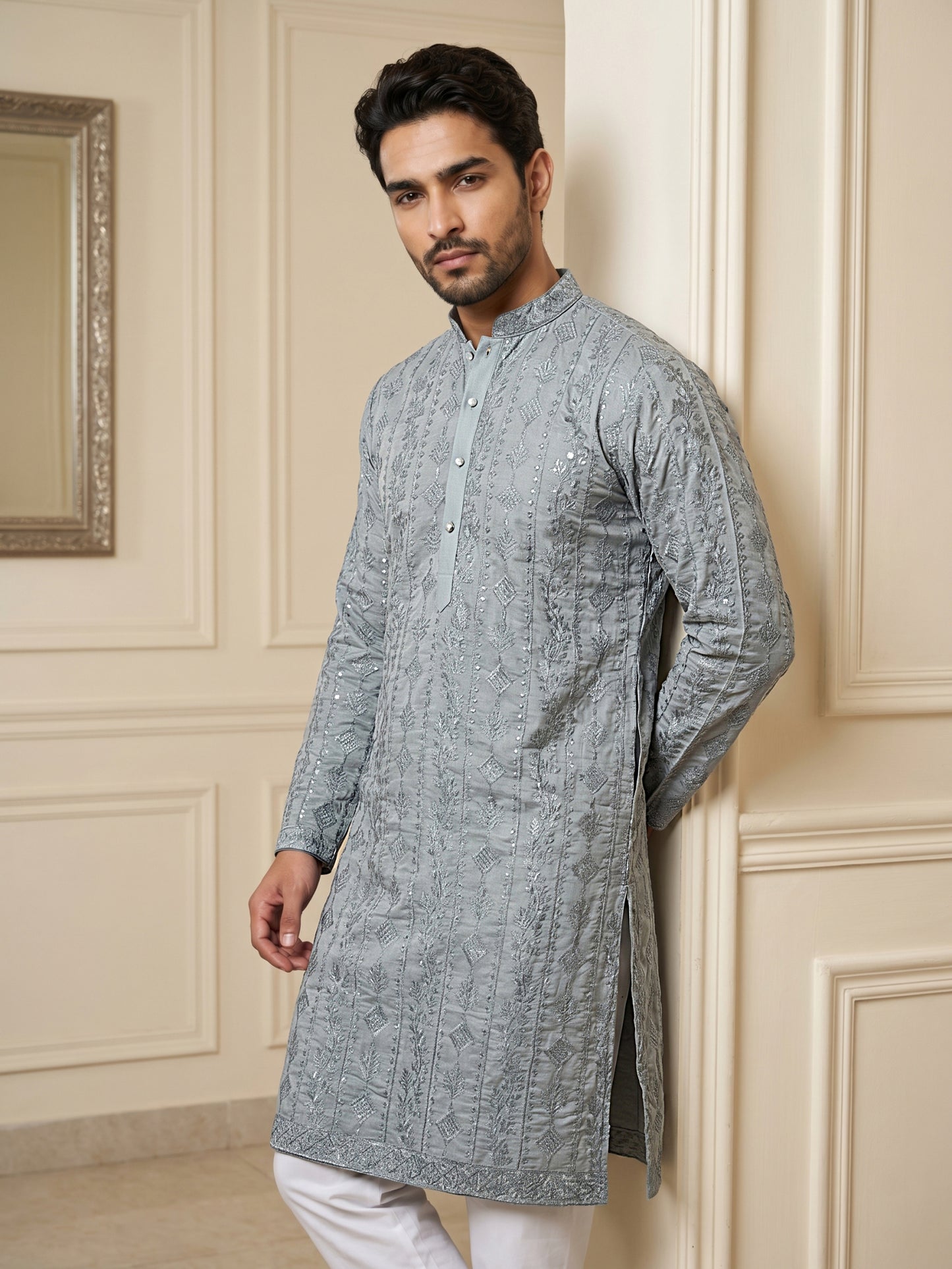 Men's Traditional Embroidered Kurta ( HOPKO 044Grey )