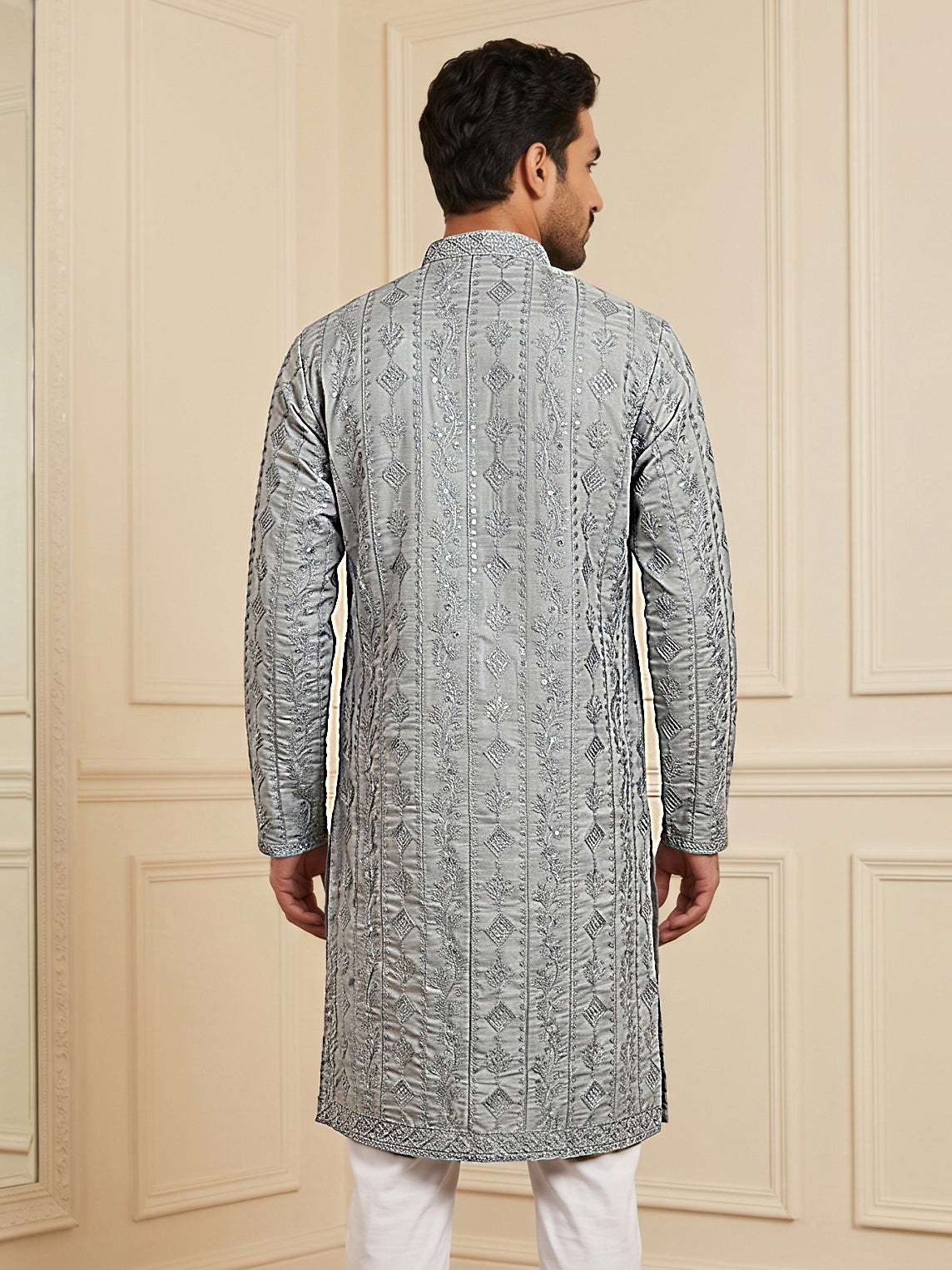 Men's Traditional Embroidered Kurta ( HOPKO 044Grey )