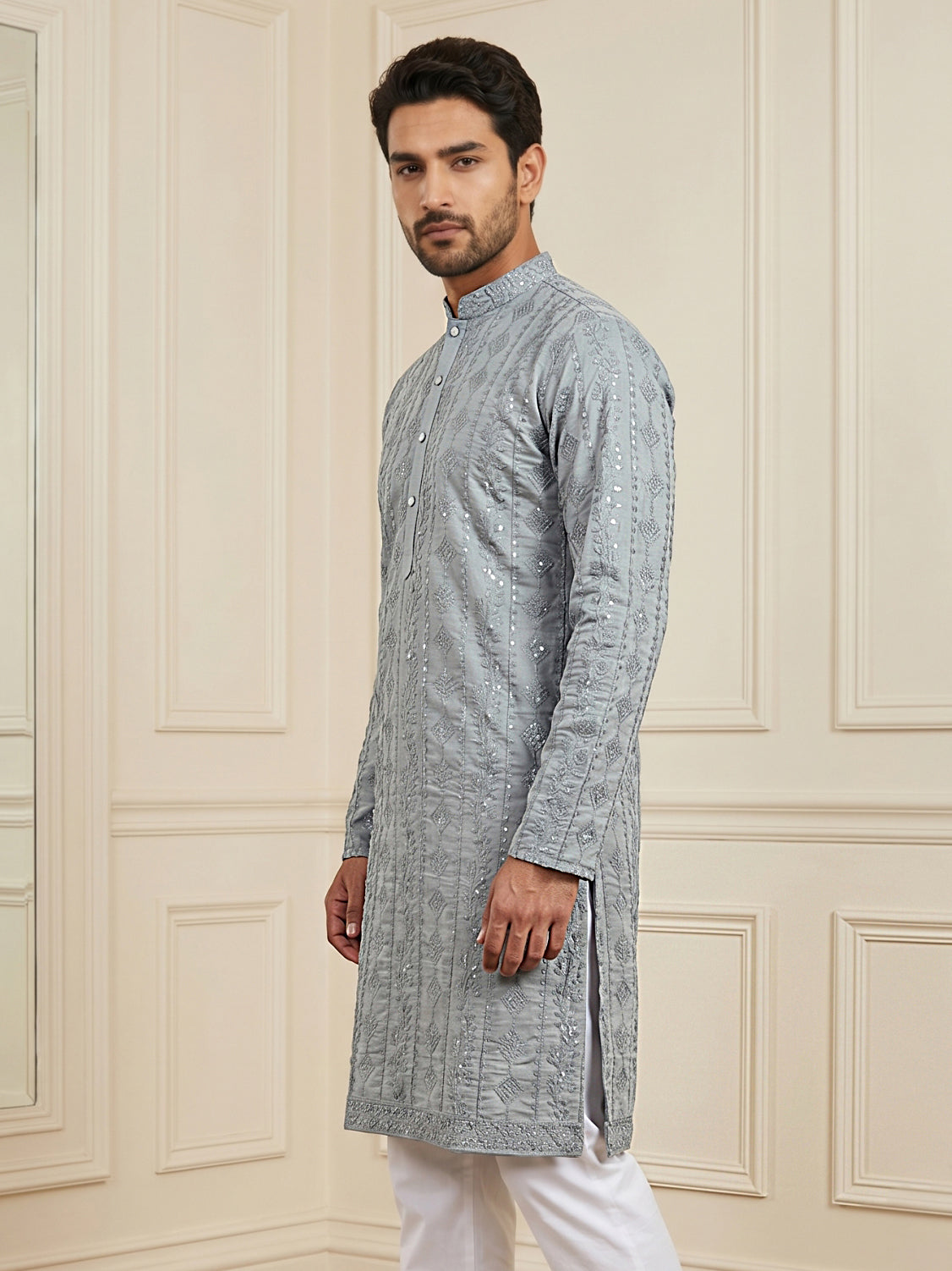 Men's Traditional Embroidered Kurta ( HOPKO 044Grey )