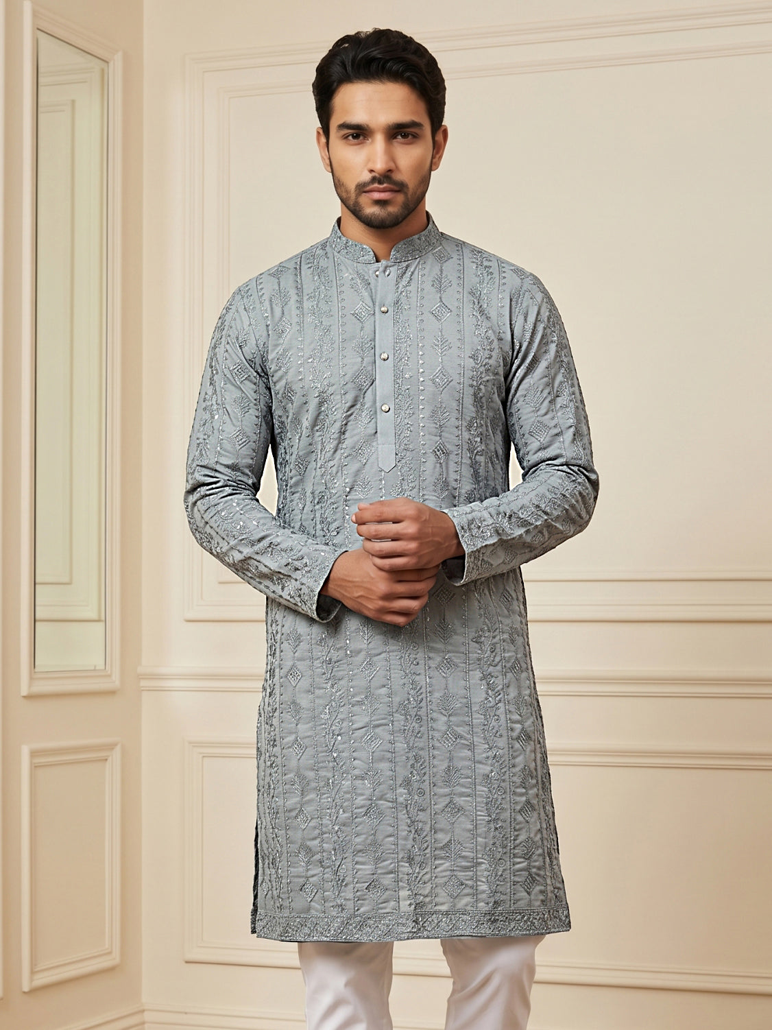 Men's Traditional Embroidered Kurta ( HOPKO 044Grey )