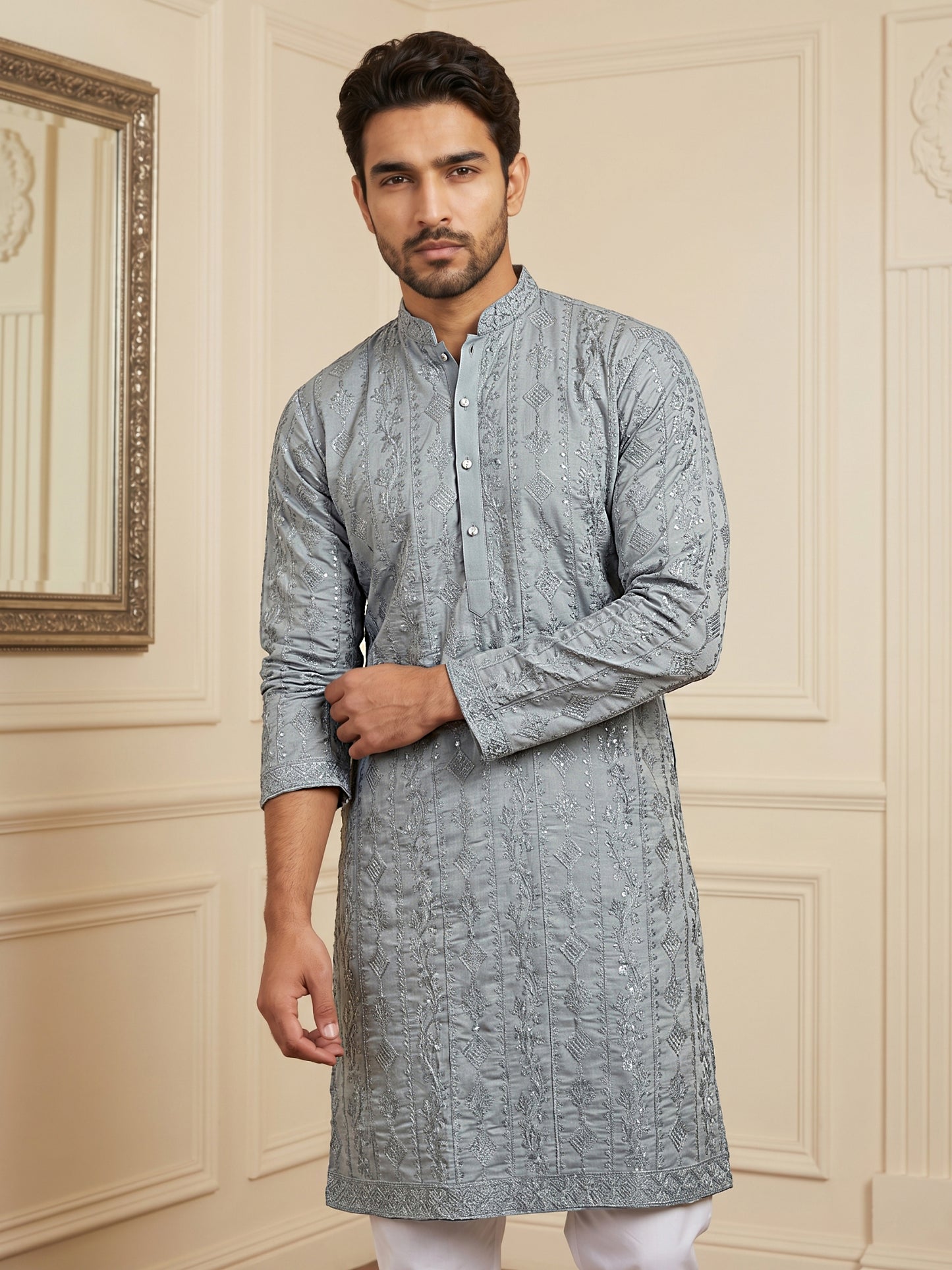 Men's Traditional Embroidered Kurta ( HOPKO 044Grey )