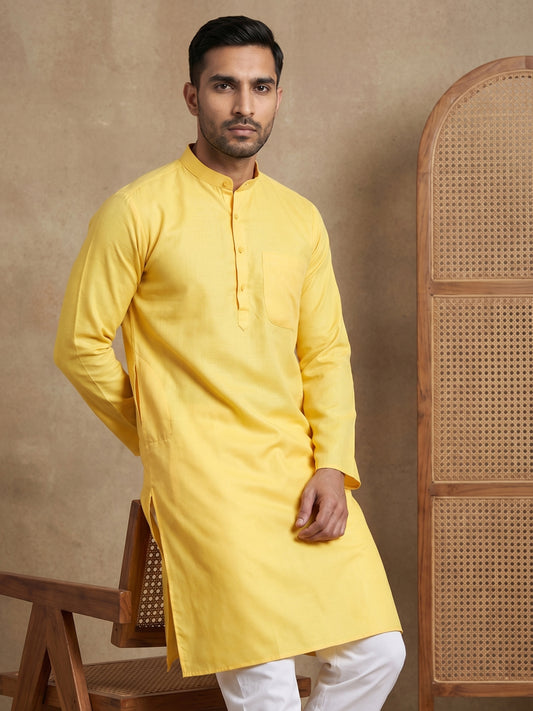 Men’s Cotton Blend Solid Kurta ( HOPKO 5144Lemon )
