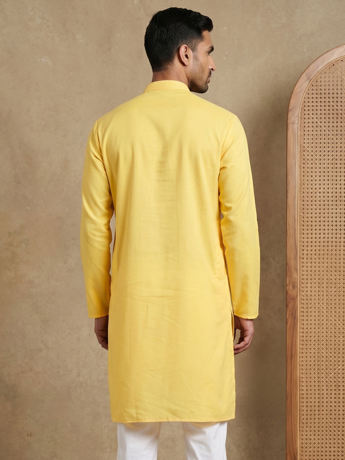 Men’s Cotton Blend Solid Kurta ( HOPKO 5144Lemon )