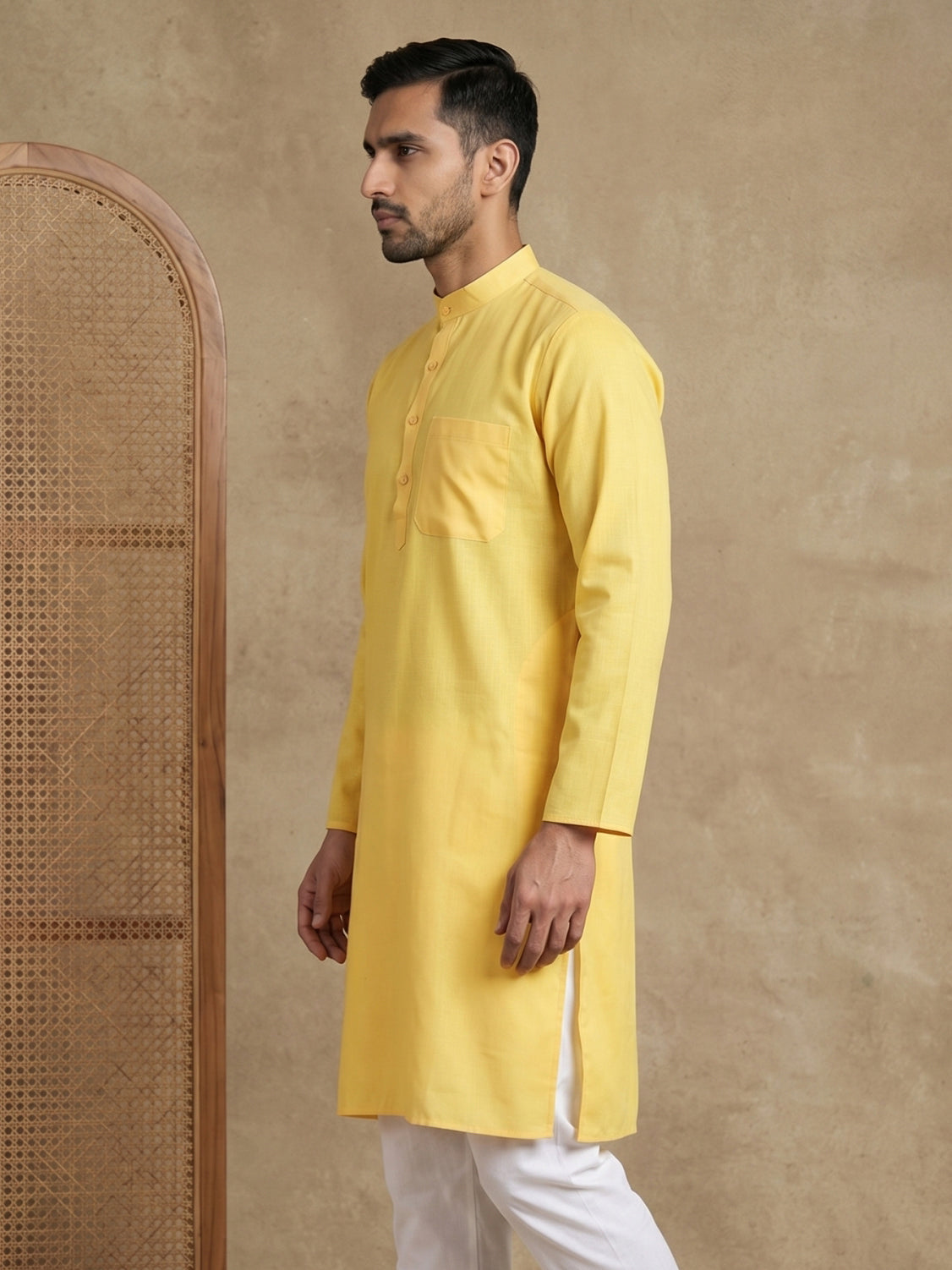 Men’s Cotton Blend Solid Kurta ( HOPKO 5144Lemon )