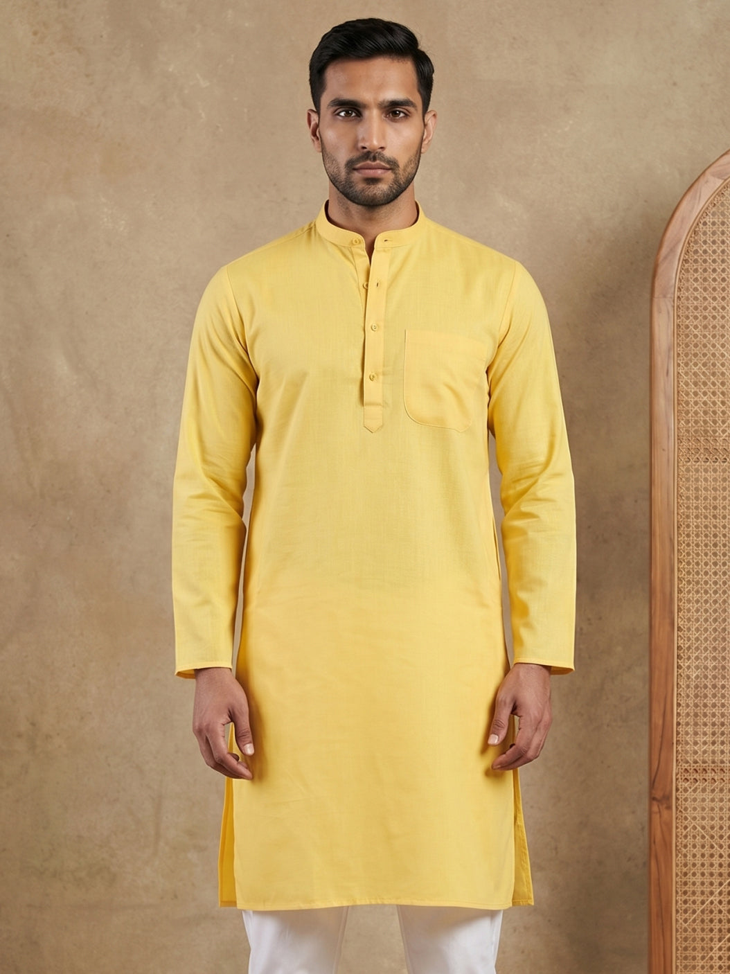 Men’s Cotton Blend Solid Kurta ( HOPKO 5144Lemon )