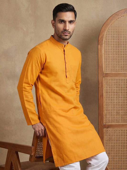 Men’s Cotton Blend Solid Kurta ( HOPKO 5144Mustard )