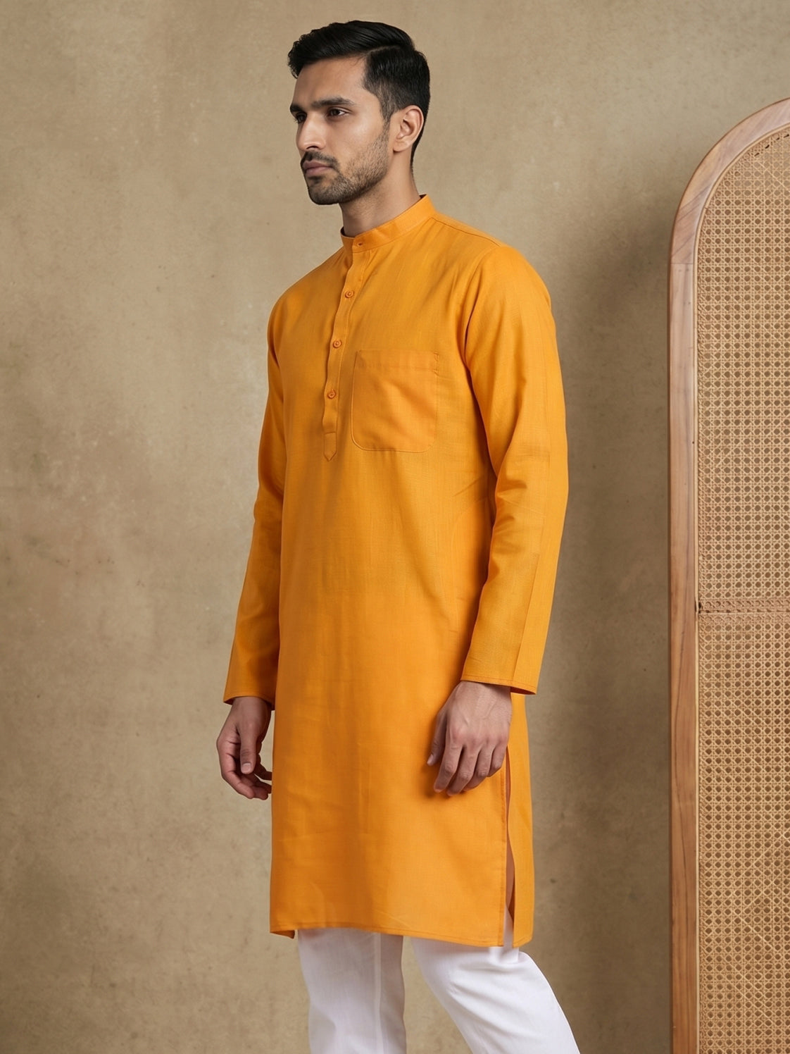 Men’s Cotton Blend Solid Kurta ( HOPKO 5144Mustard )