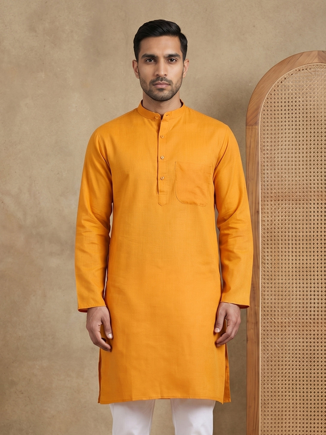 Men’s Cotton Blend Solid Kurta ( HOPKO 5144Mustard )
