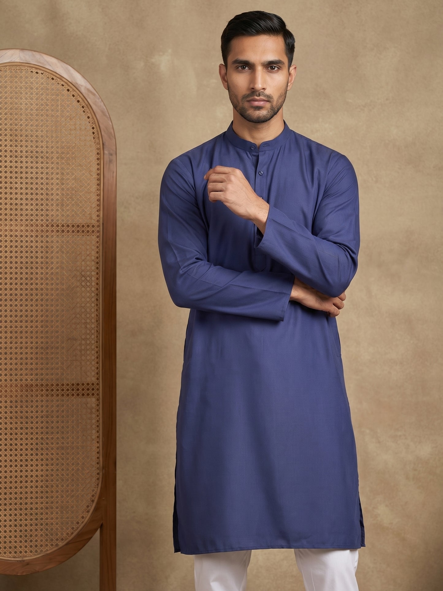 Men’s Cotton Blend Solid Kurta ( HOPKO 5144Navy )
