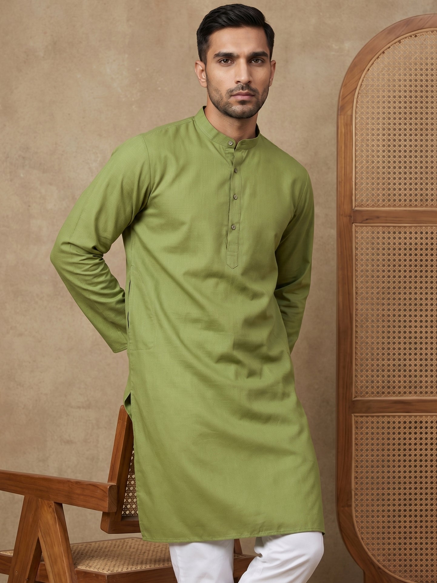 Men’s Cotton Blend Solid Kurta ( HOPKO 5144Olive )