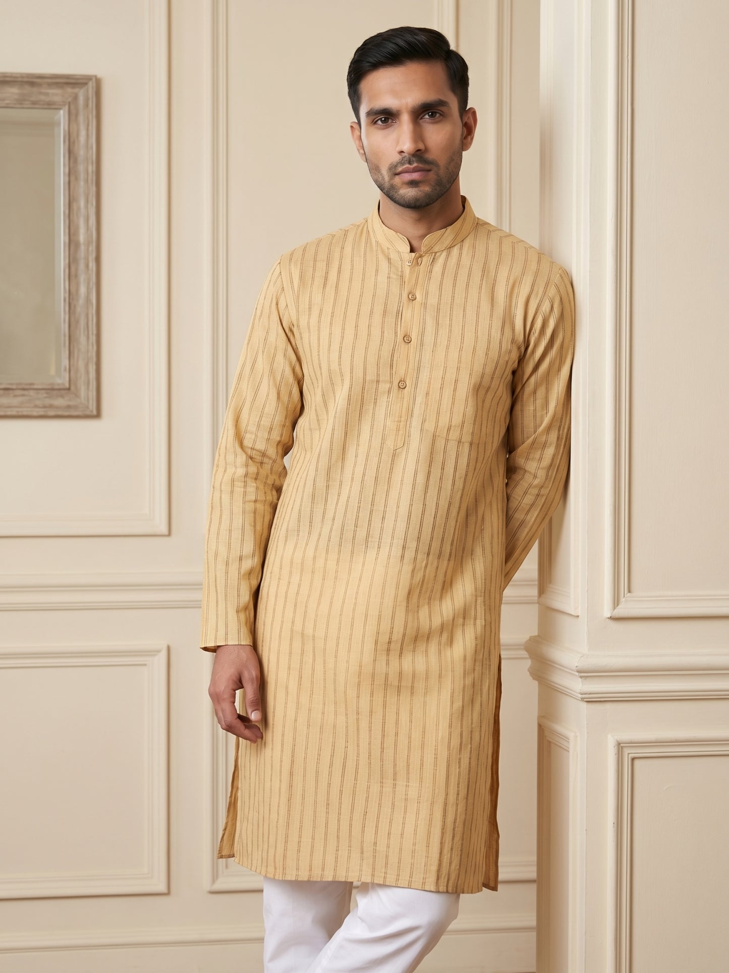 Men's Cotton Blend Striped Kurta ( HOPKO 5207Beige )
