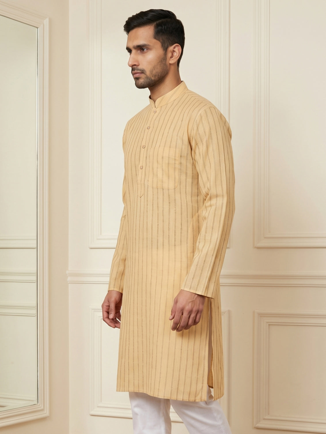 Men's Cotton Blend Striped Kurta ( HOPKO 5207Beige )