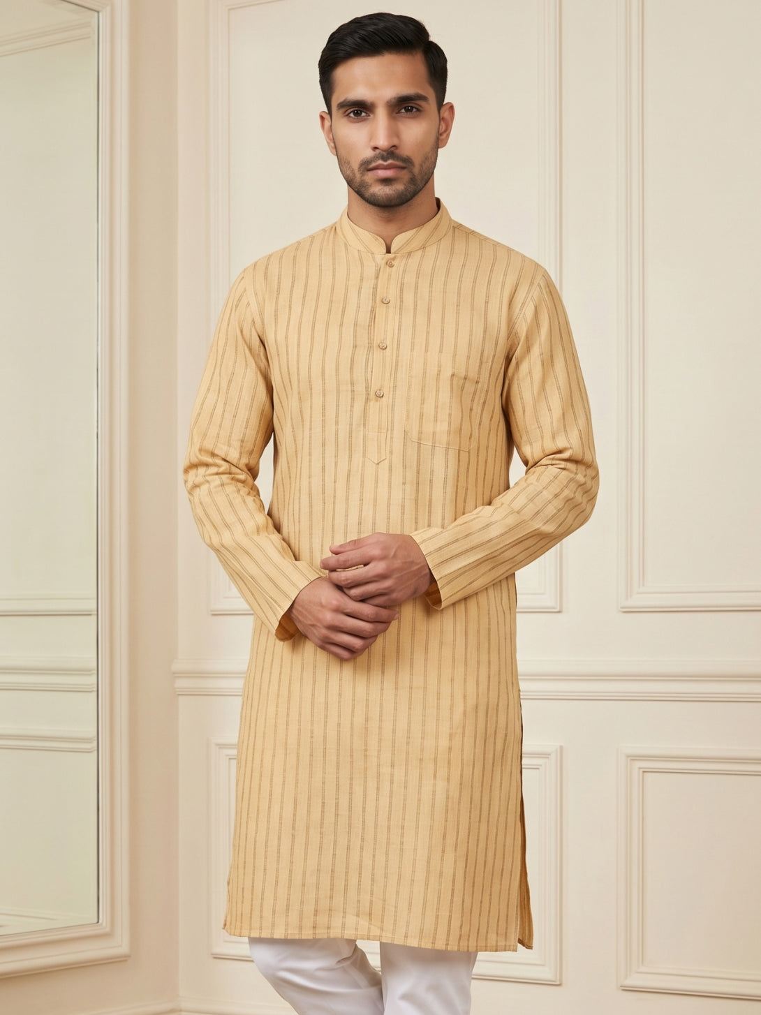 Men's Cotton Blend Striped Kurta ( HOPKO 5207Beige )