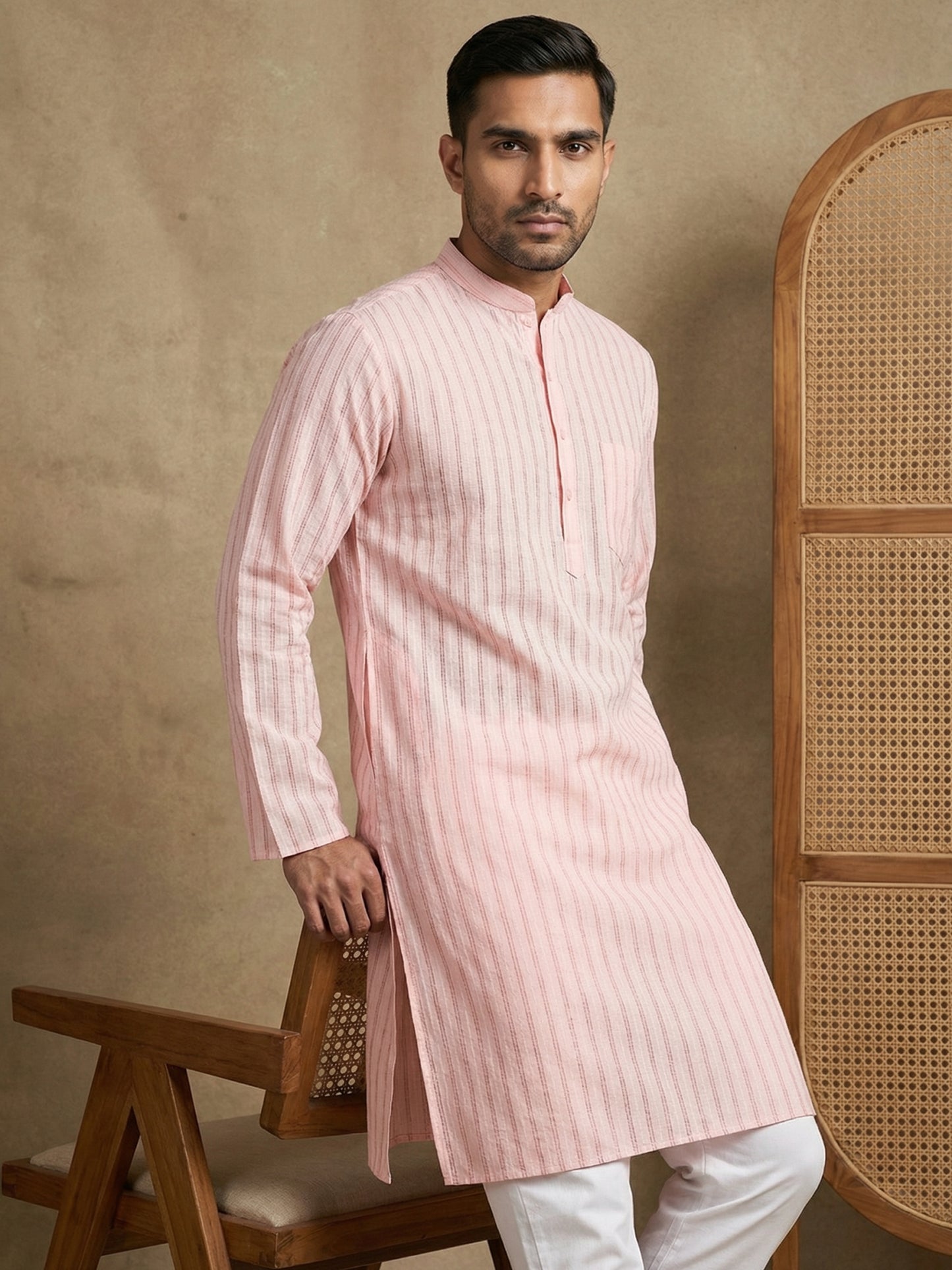 Men's Cotton Blend Striped Kurta ( HOPKO 5207Peach )