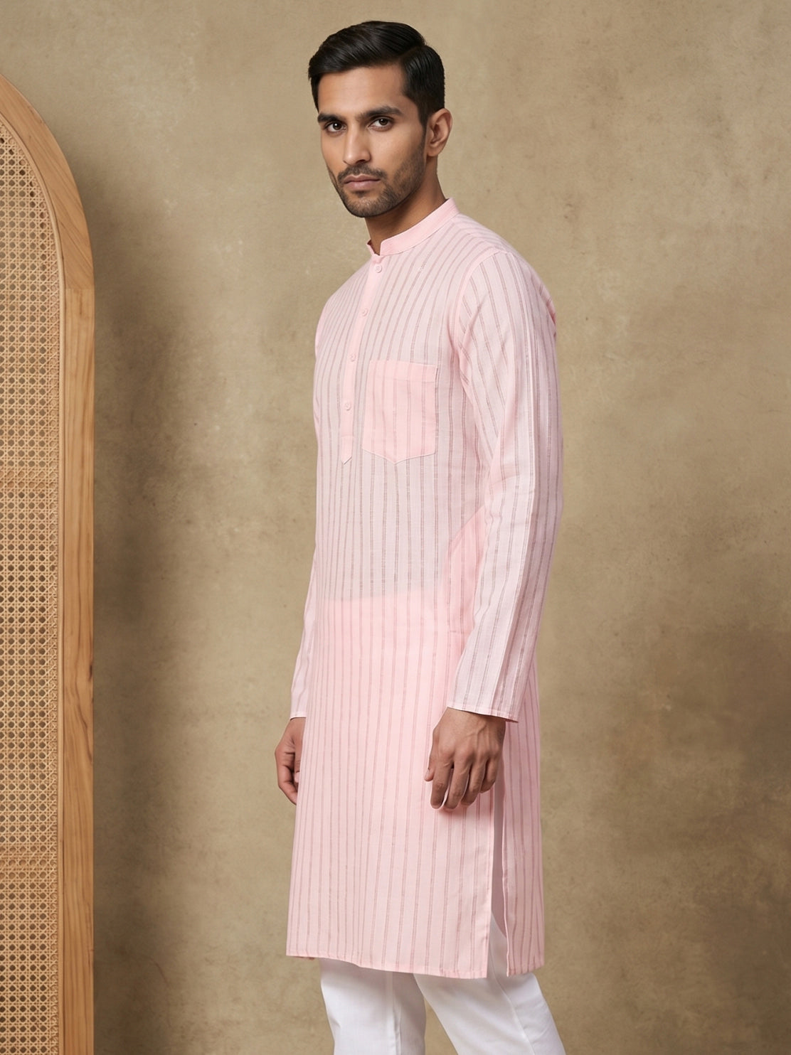 Men's Cotton Blend Striped Kurta ( HOPKO 5207Peach )
