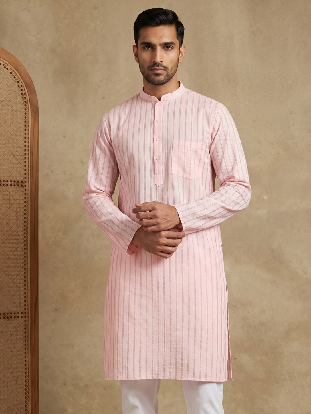 Men's Cotton Blend Striped Kurta ( HOPKO 5207Peach )