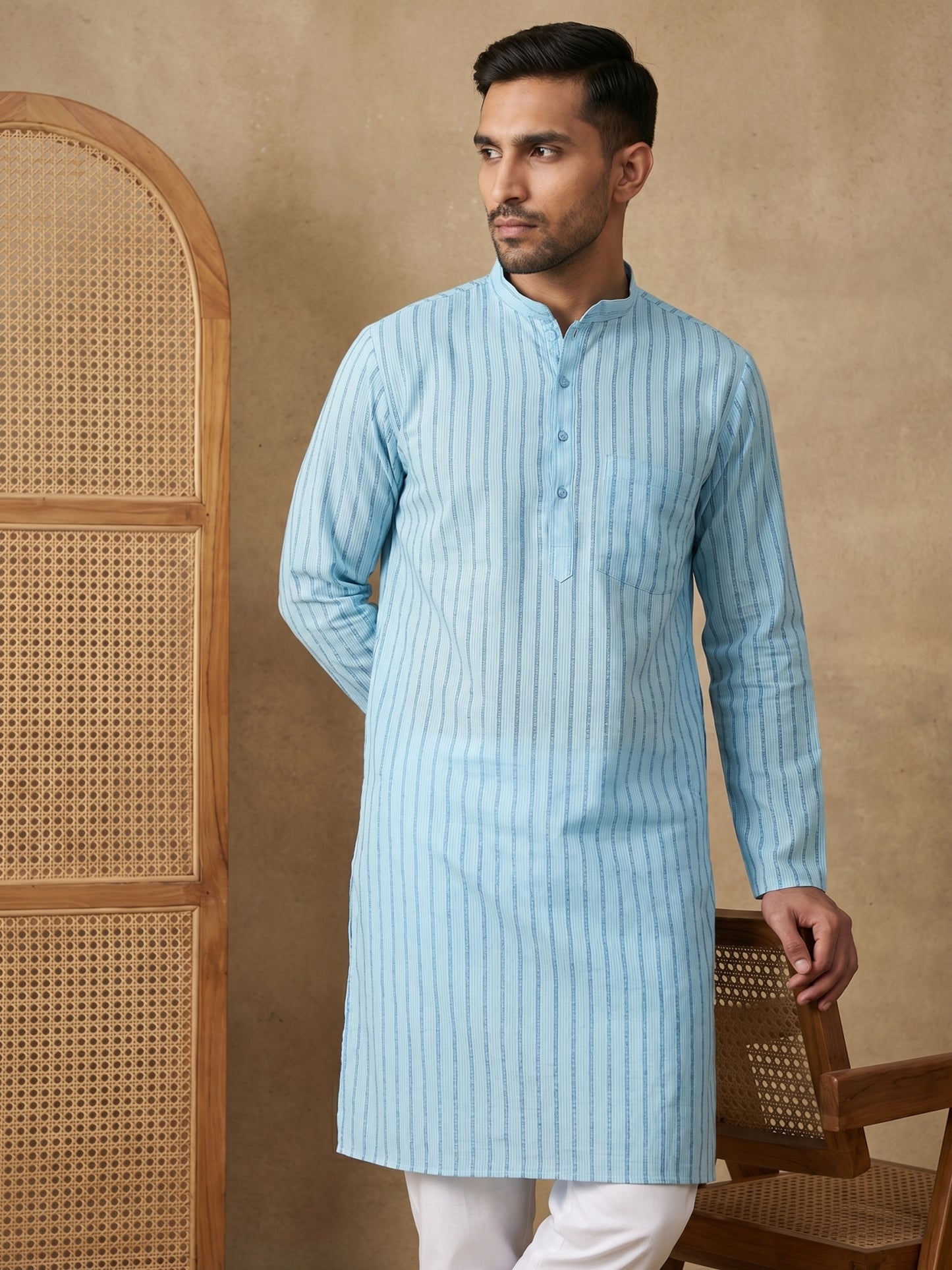 Men's Cotton Blend Striped Kurta ( HOPKO 5207Sky )