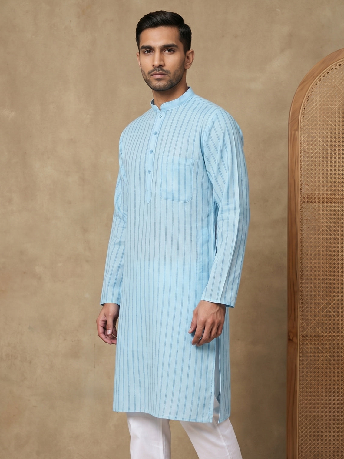 Men's Cotton Blend Striped Kurta ( HOPKO 5207Sky )