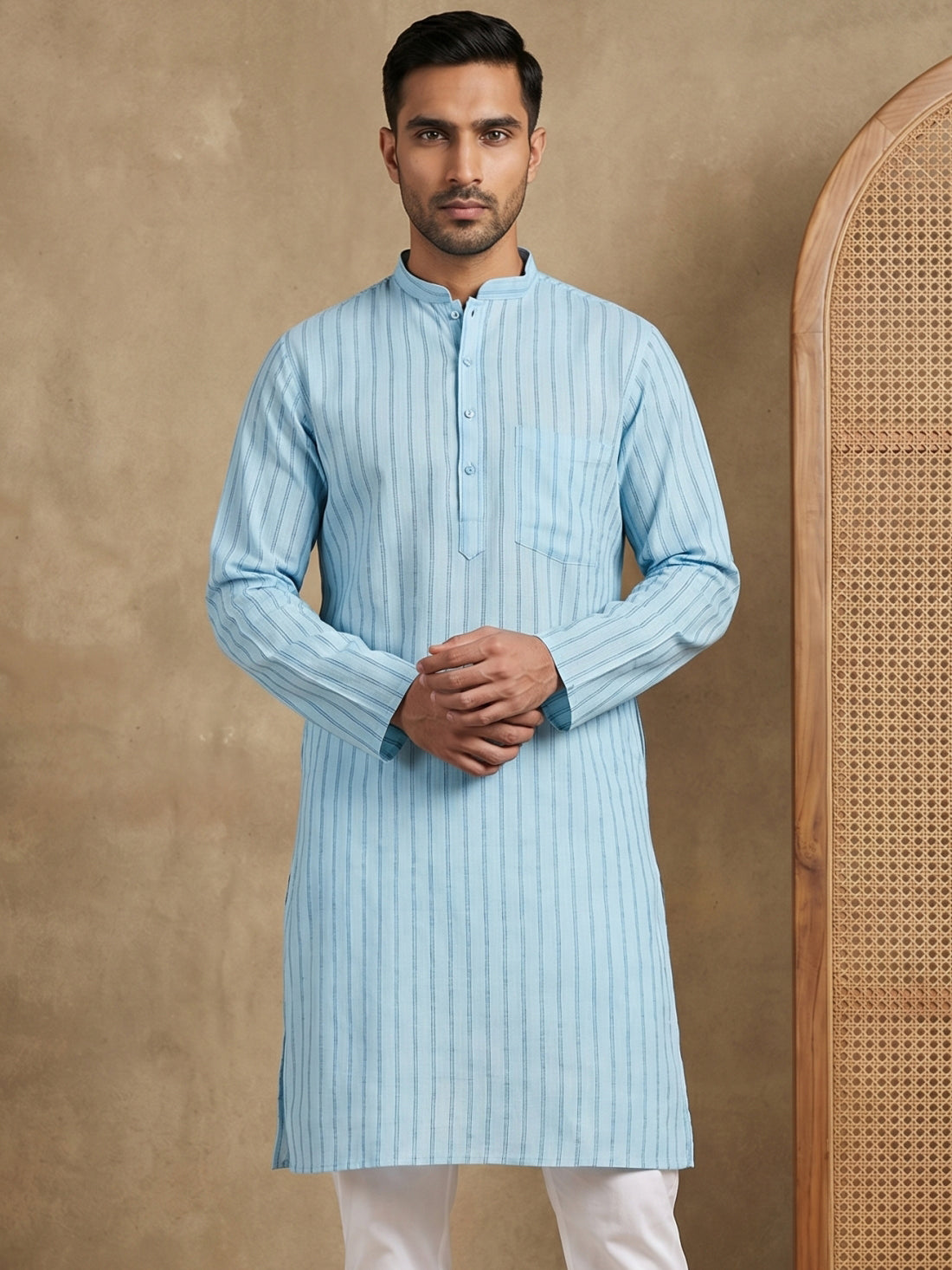 Men's Cotton Blend Striped Kurta ( HOPKO 5207Sky )