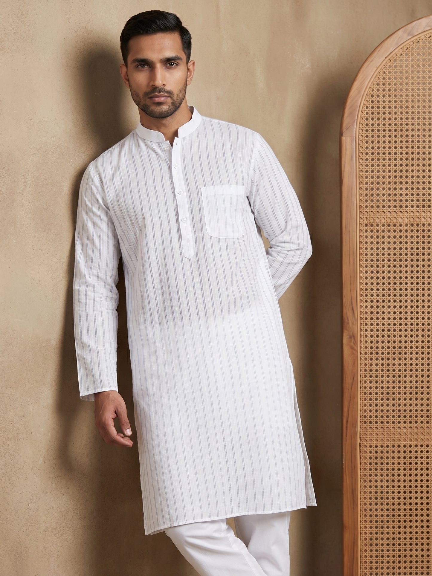 Men's Cotton Blend Striped Kurta ( HOPKO 5207White )