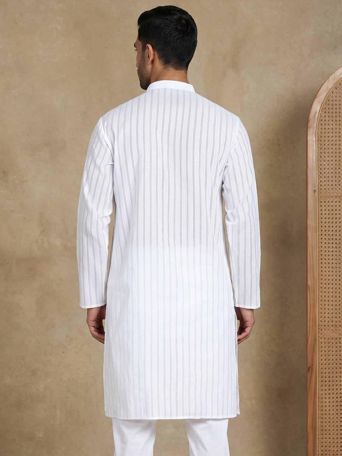 Men's Cotton Blend Striped Kurta ( HOPKO 5207White )