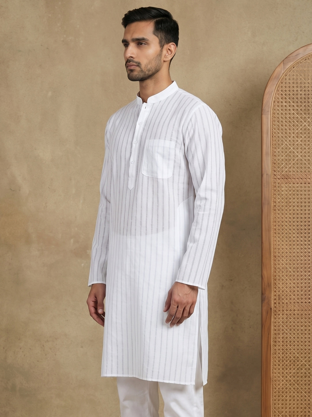 Men's Cotton Blend Striped Kurta ( HOPKO 5207White )