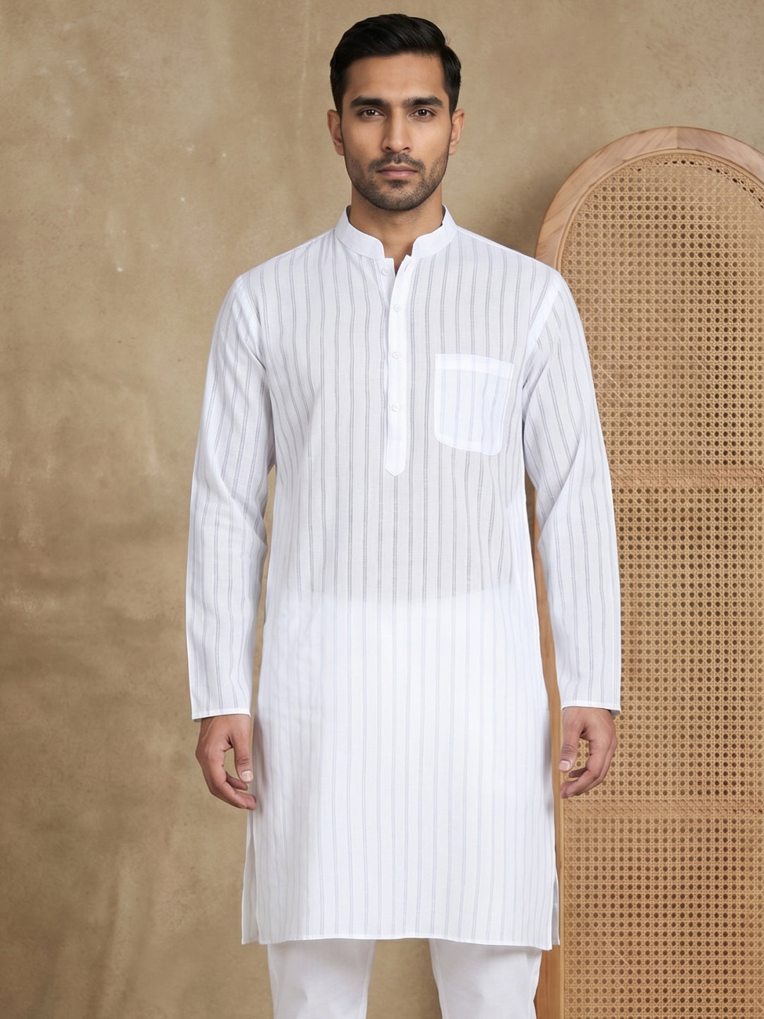Men's Cotton Blend Striped Kurta ( HOPKO 5207White )