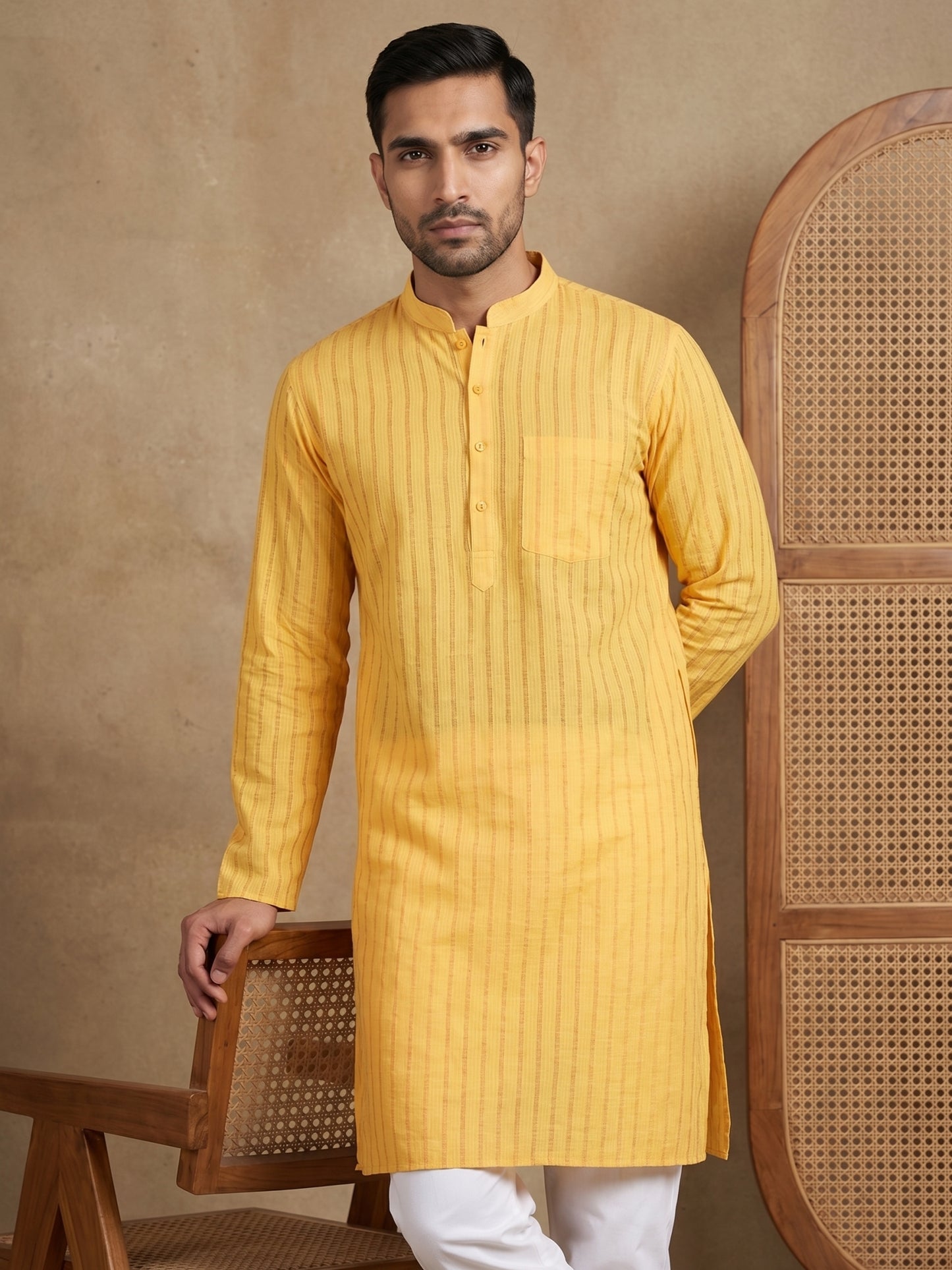 Men's Cotton Blend Striped Kurta ( HOPKO 5207Yellow )