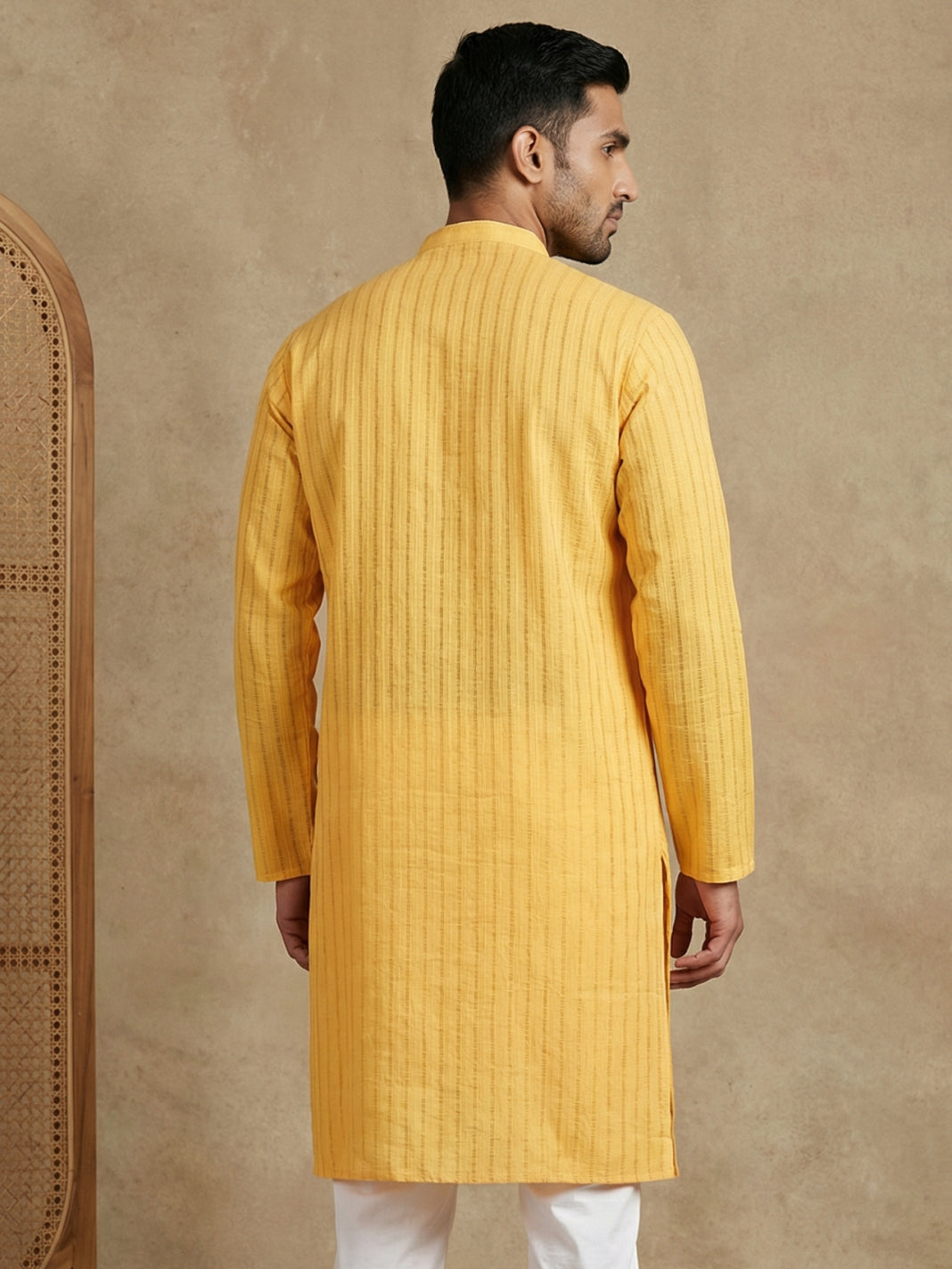 Men's Cotton Blend Striped Kurta ( HOPKO 5207Yellow )