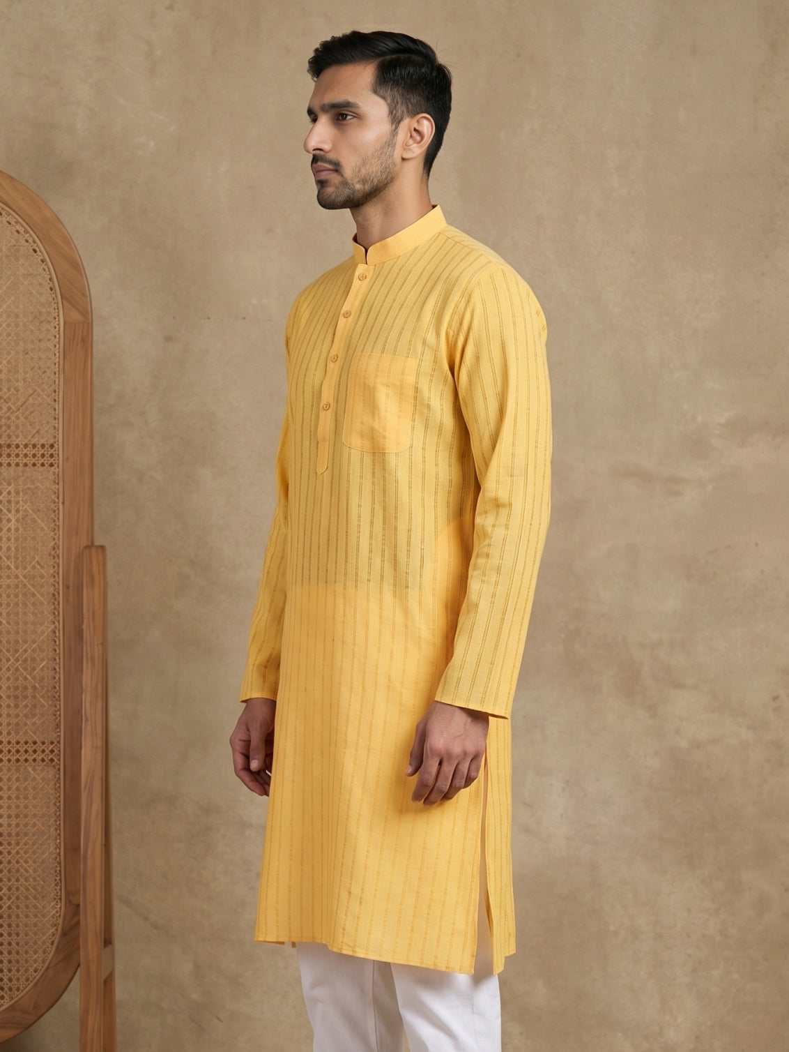 Men's Cotton Blend Striped Kurta ( HOPKO 5207Yellow )