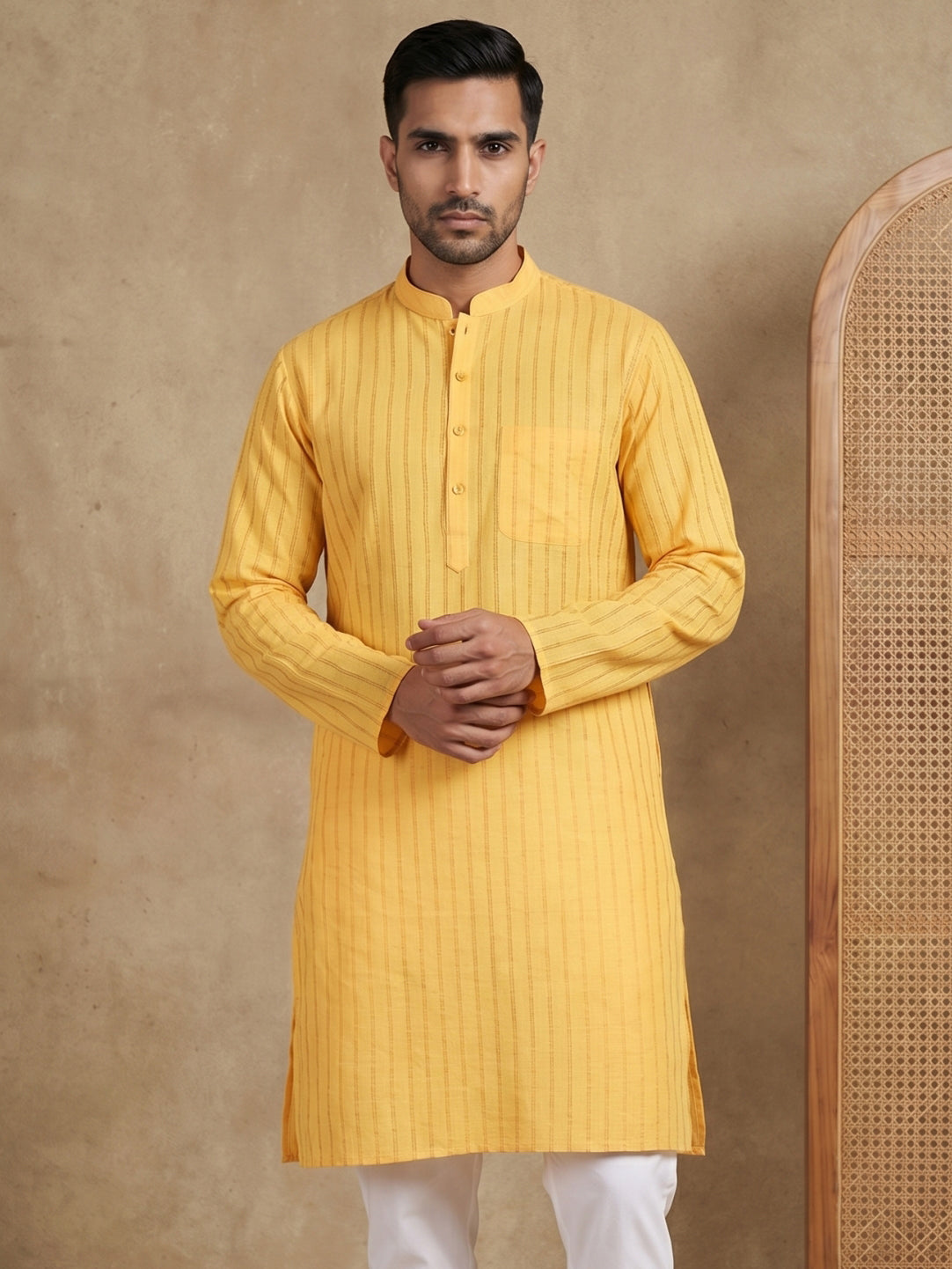 Men's Cotton Blend Striped Kurta ( HOPKO 5207Yellow )