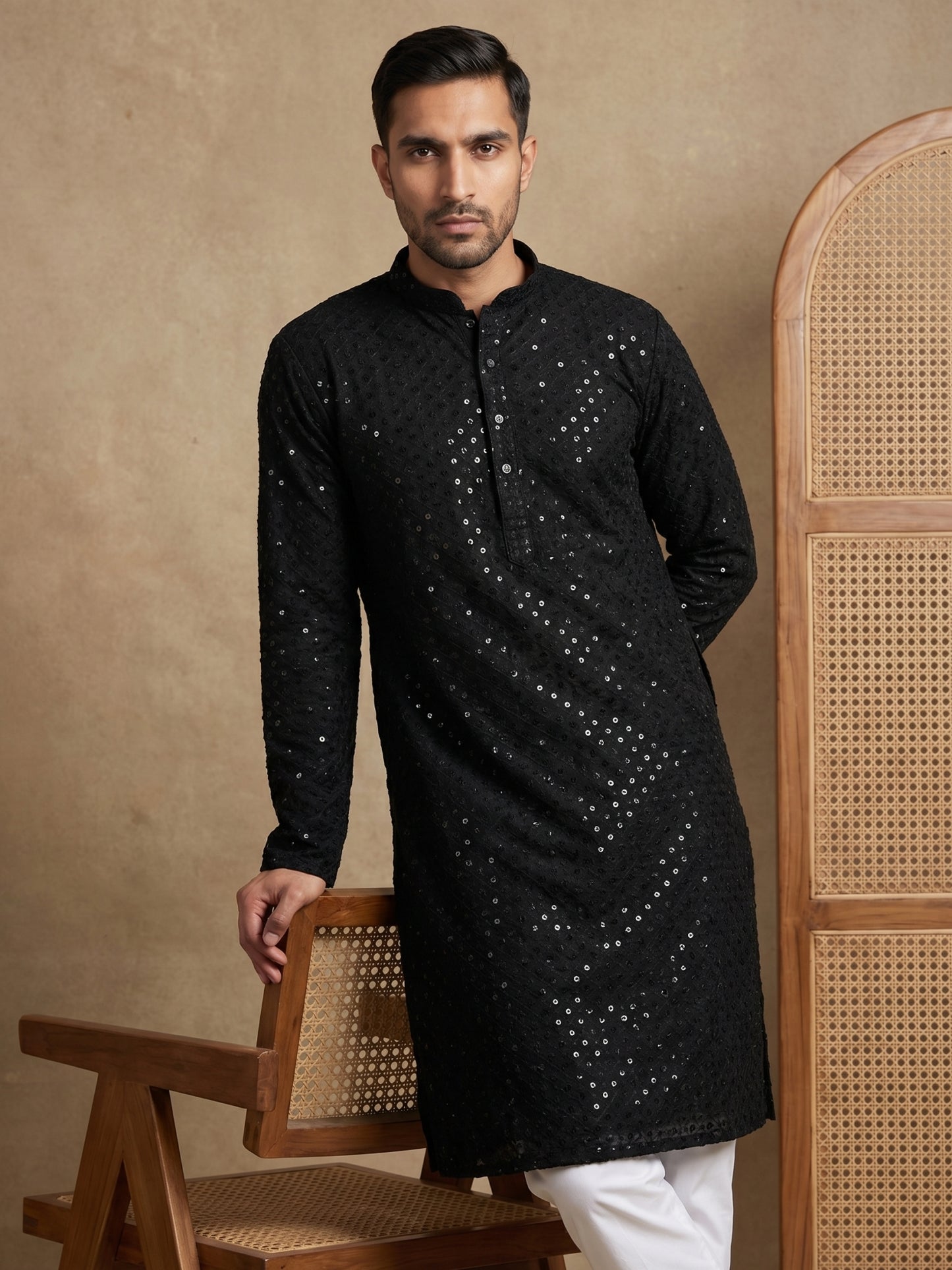 Embroidered & Sequins Cotton Kurta ( HOPKO 678Black )