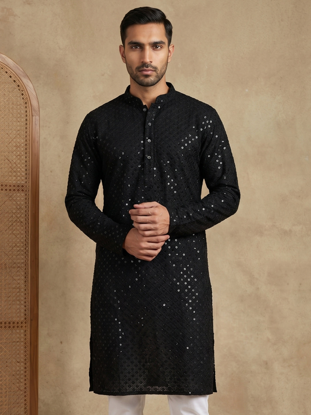 Embroidered & Sequins Cotton Kurta ( HOPKO 678Black )