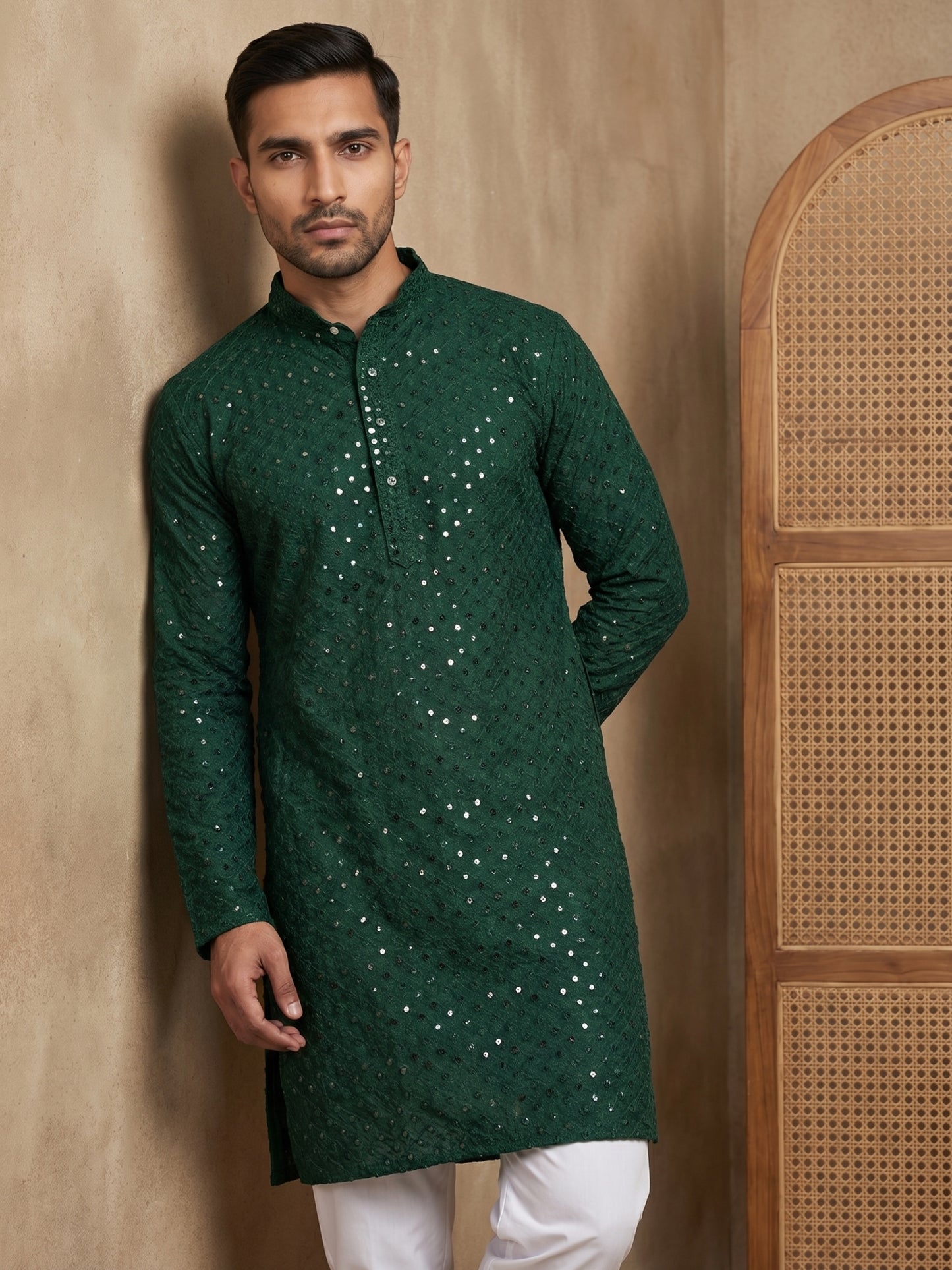 Embroidered & Sequins Cotton Kurta ( HOPKO 678Olive )
