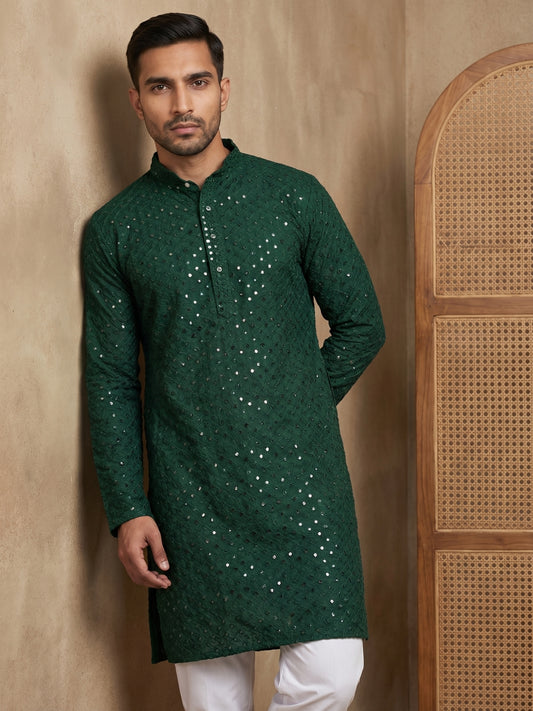 Embroidered & Sequins Cotton Kurta ( HOPKO 678Olive )