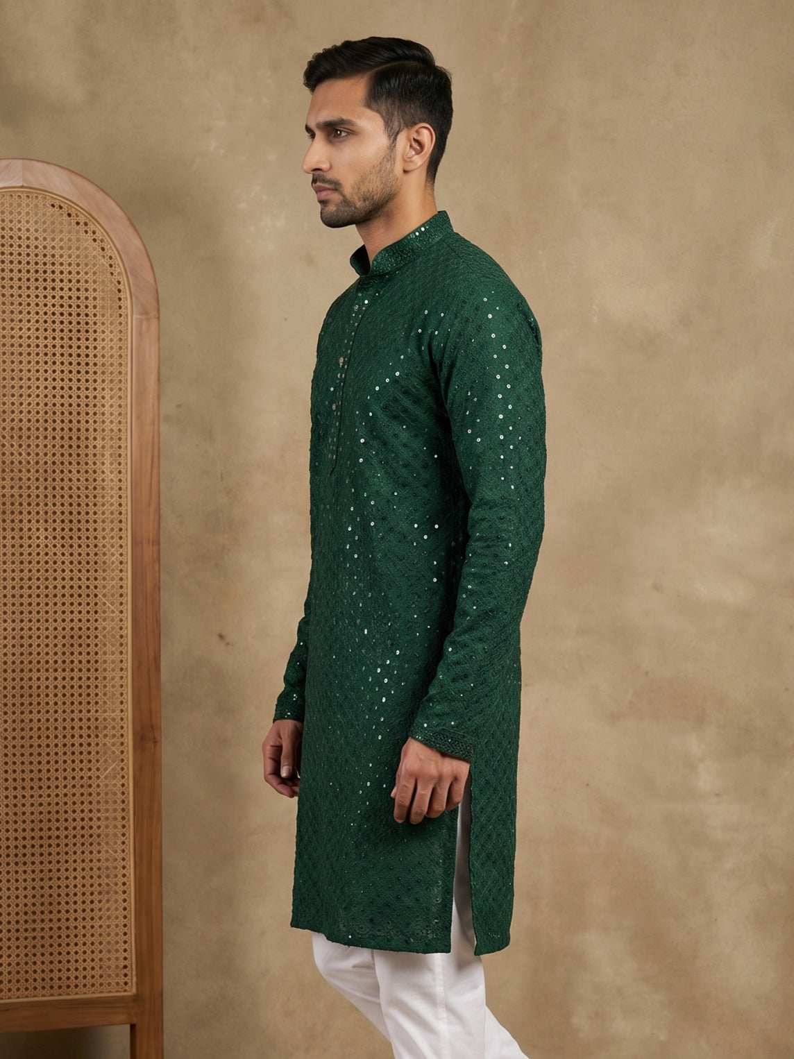 Embroidered & Sequins Cotton Kurta ( HOPKO 678Olive )