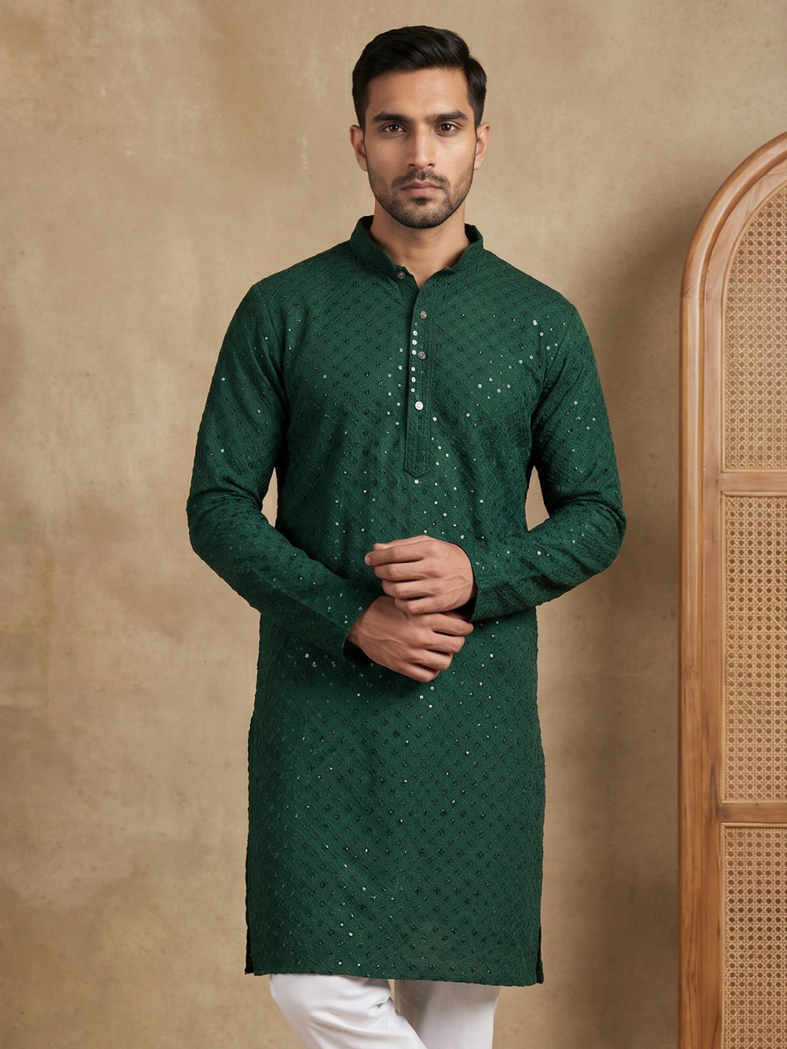 Embroidered & Sequins Cotton Kurta ( HOPKO 678Olive )