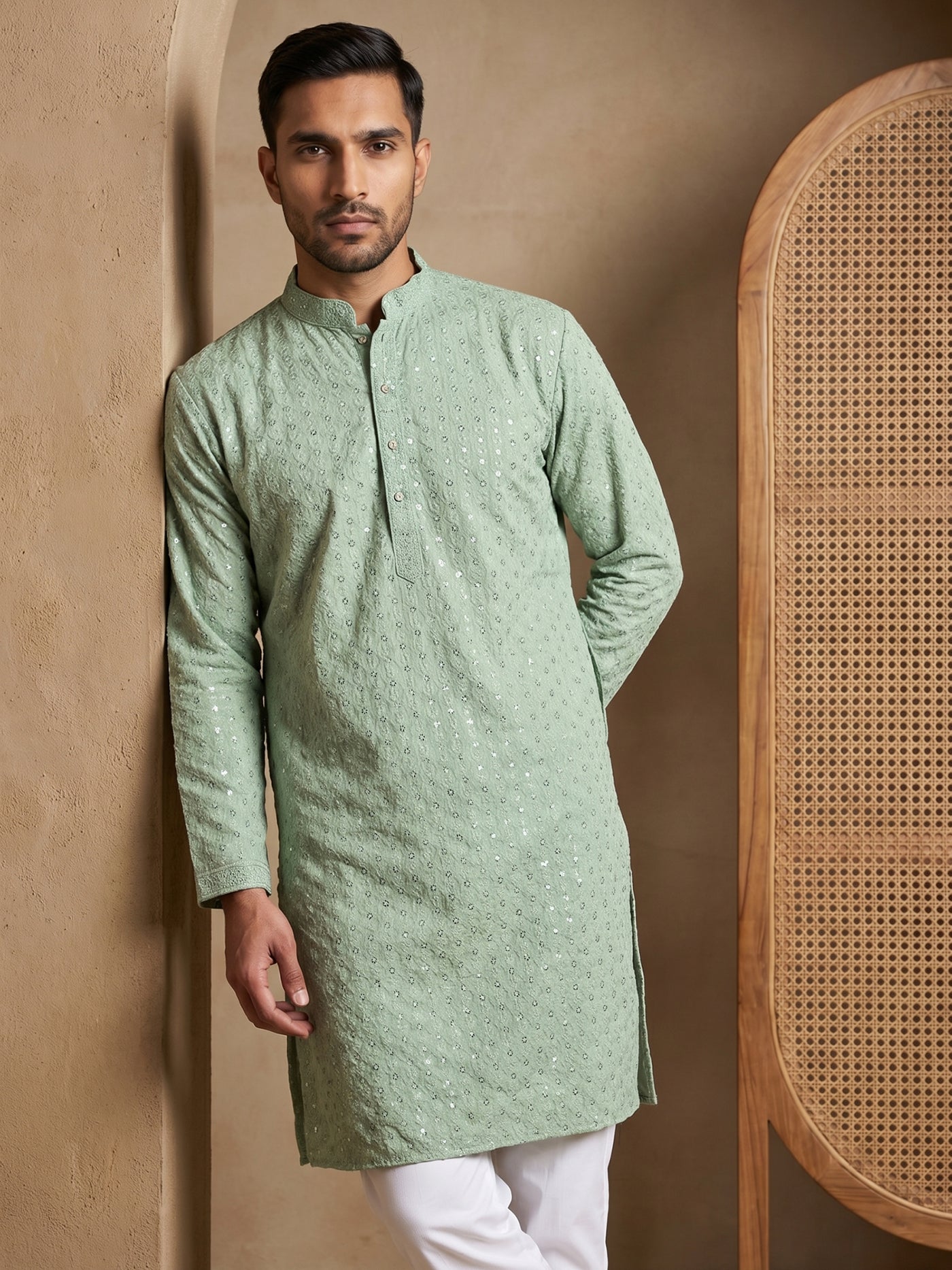 Embroidered & Sequins Cotton Kurta ( HOPKO 678Pista )